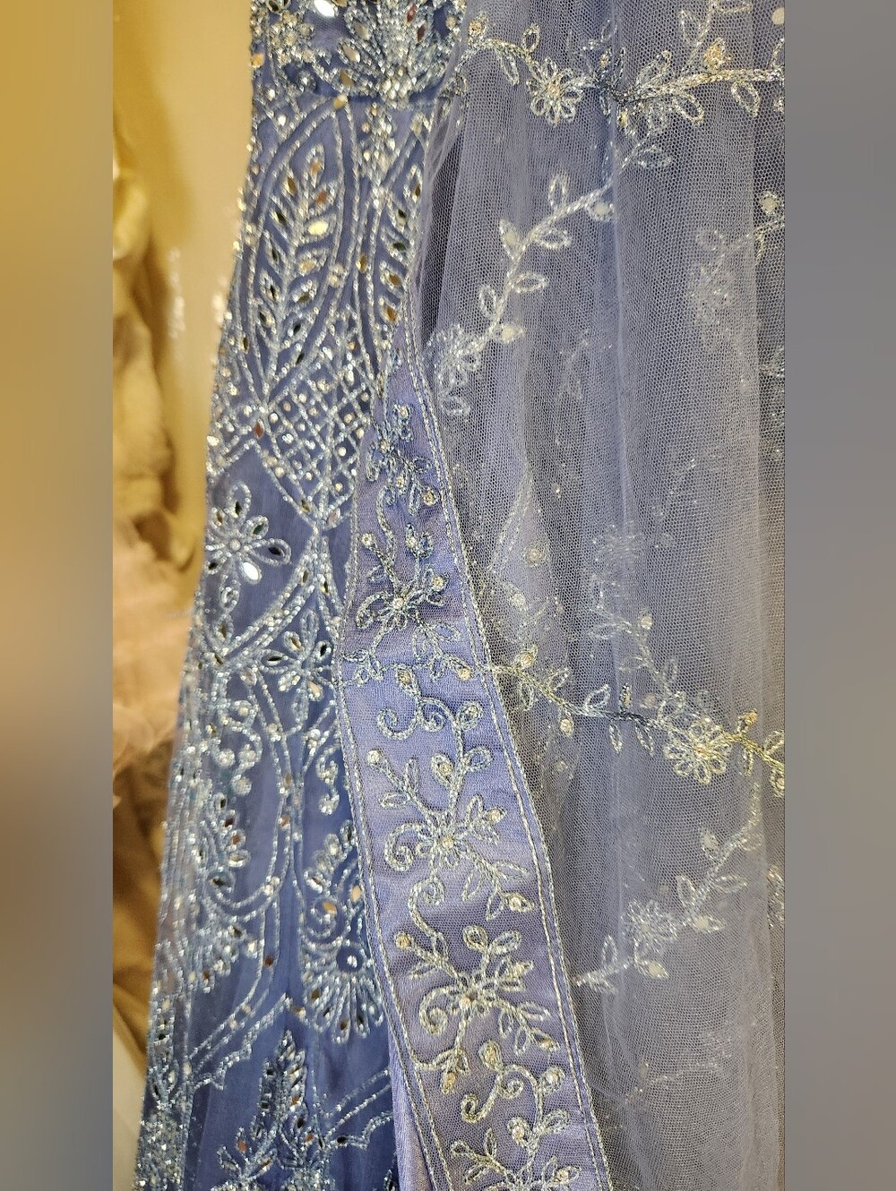 Stunning Luxe Periwinkle Sparkly Mirrored Anarkali Gown & Dupatta Set - Picture 12 of 13